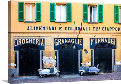 Couple Of Lambretta Innocenti Scooter Parked At The Old Grocery, Morbegno, Italy