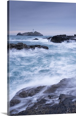 Crashing Atlantic waves near Godrevy Lighthouse, Cornwall, England