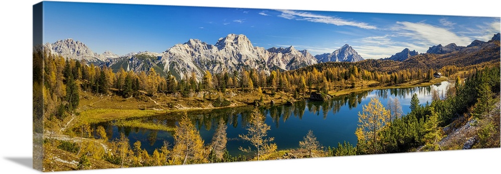 Cristallo Mountains & Lake Federa in Autumn, Dolomites, Italy.