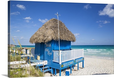 Cuba, Jardines del Rey, Cayo Guillermo, Playa Pilar, Thatched beach bar Coco Loco