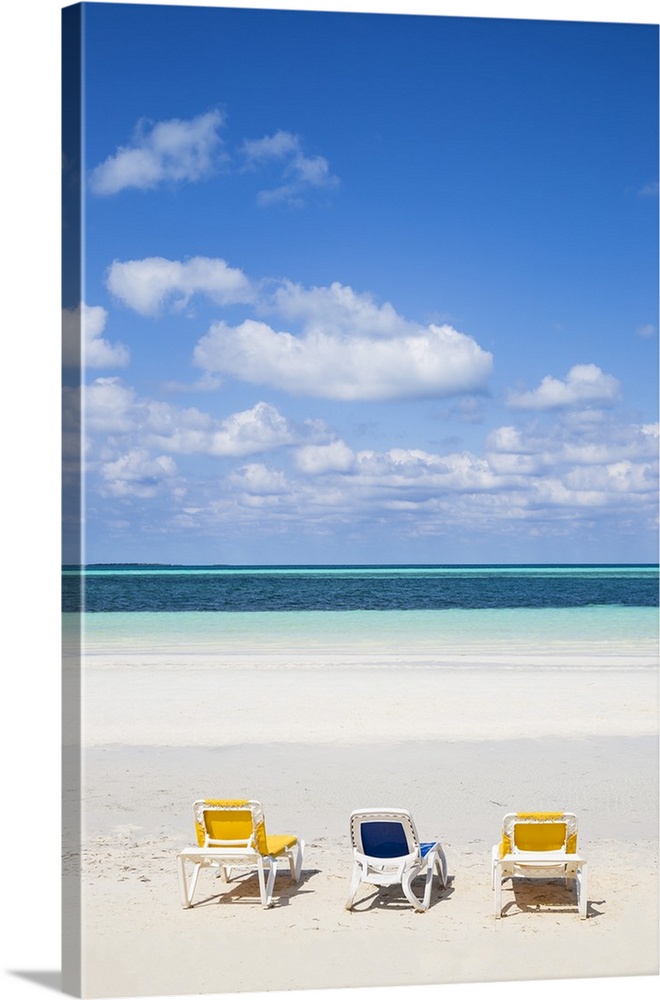 Cuba, Jardines del Rey, Cayo Guillermo, Sunloungers on Playa El Paso.