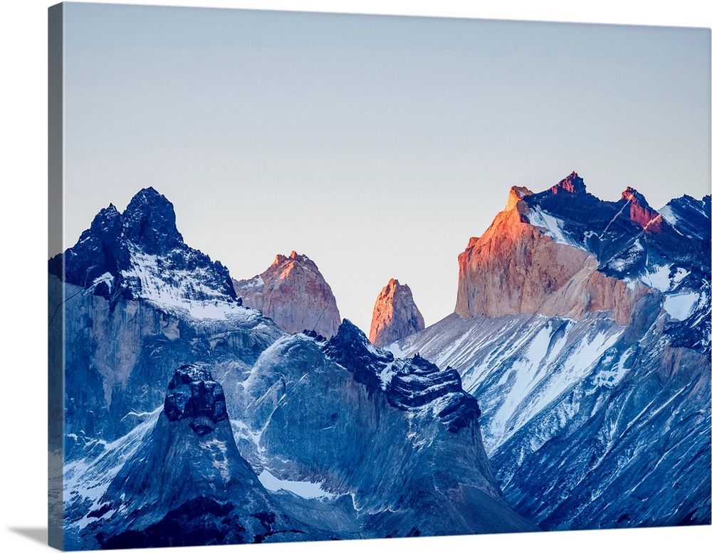 Cuernos del Paine and Mount Almirante Nieto at sunset, Torres del Paine National Park, Patagonia, Chile.