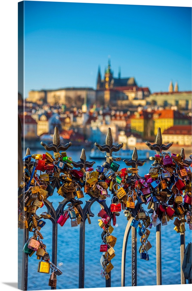 Czech Republic, Prague, Mala Strana and Prague Castle across River Vlatava, Love Locks.