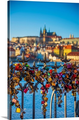 Czech Republic, Prague, Mala Strana And Prague Castle Across River Vlatava, Love Locks