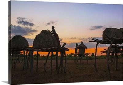 Dawn at the granaries of a Dassanech village in the Omo Delta, Ethiopia