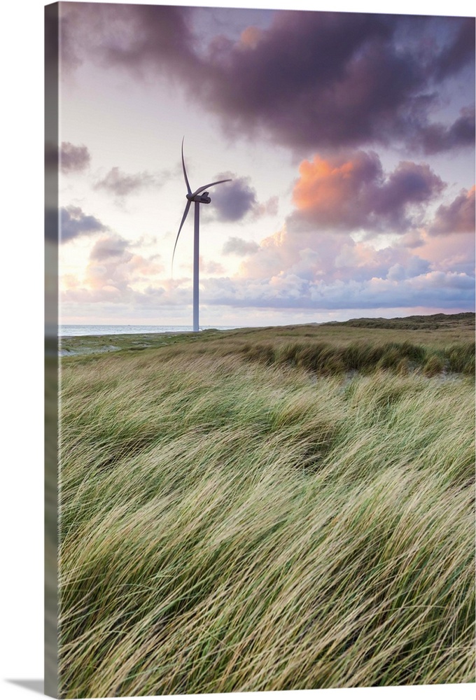 Denmark, Jutland, Danish Riviera, Hvide Sande, windmill, dusk.