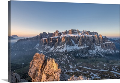 Dolomites, Italy, Europe, View At Sunrise From The Summit Of Gran Cir To Sella Mountains