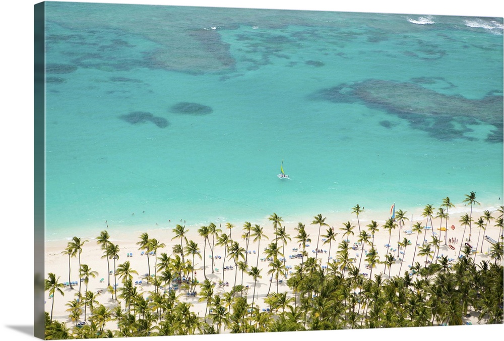 Caribbean, Dominican Republic, La Altagracia province, Punta Cana, Bavaro, aerial view of bavaro beach with a single yacht...