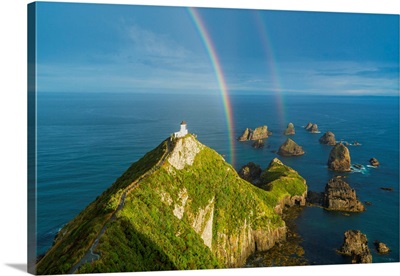 Double Rainbow Over Nugget Point Lighthouse After The Storm, South Island, New Zealand