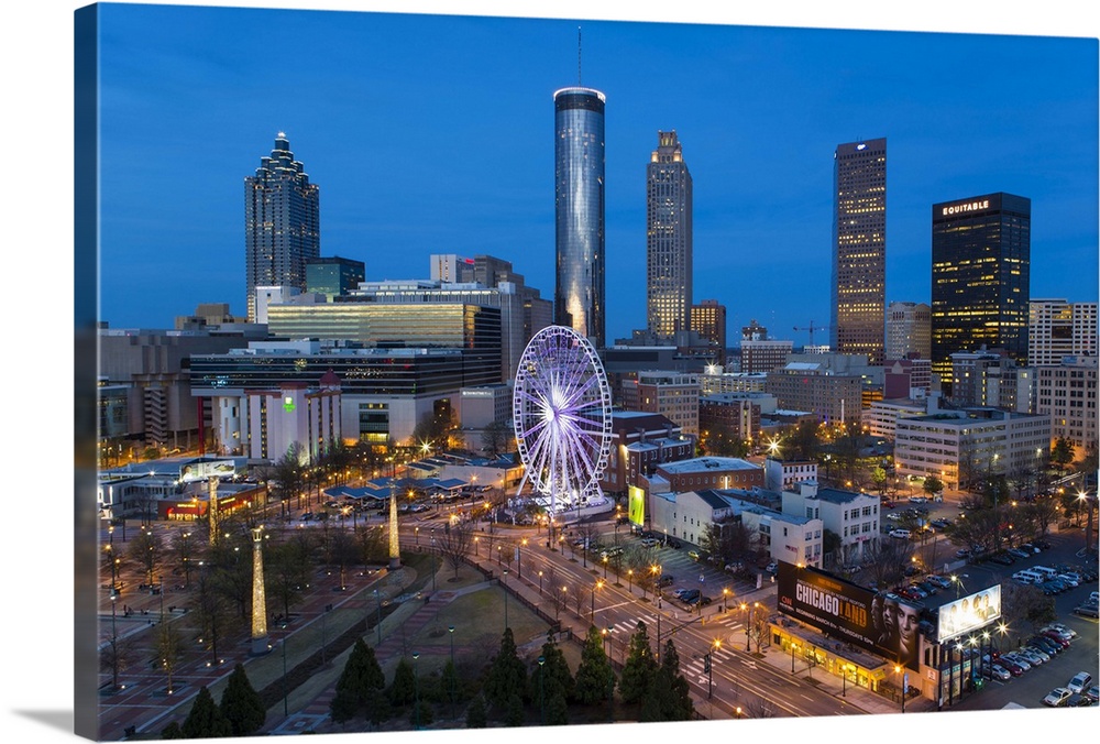 City skyline, elevated view over Downtown and the Centennial Olympic Park in Atlanta, Georgia, United States of America