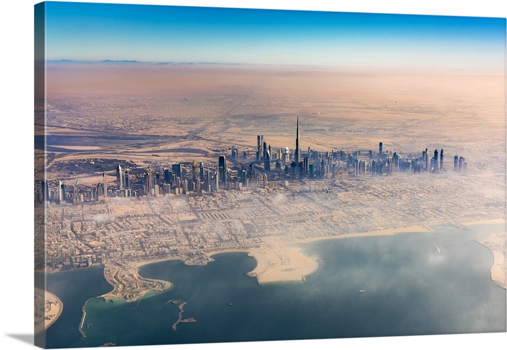 Aerial view of downtown skyline with Burj Khalifa skyscraper, Dubai, United Arab Emirates.