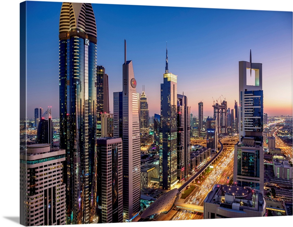 Dubai International Financial Centre At Dusk, Elevated View, Dubai, United Arab Emirates