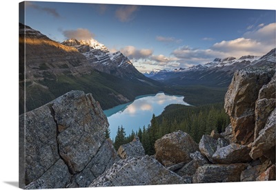 Early morning vista of Peyto Lake in the Canadian Rockies, Banff National Park, Canada