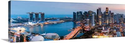 Elevated View Of Business District And Marina Bay Sands At Sunset, Singapore