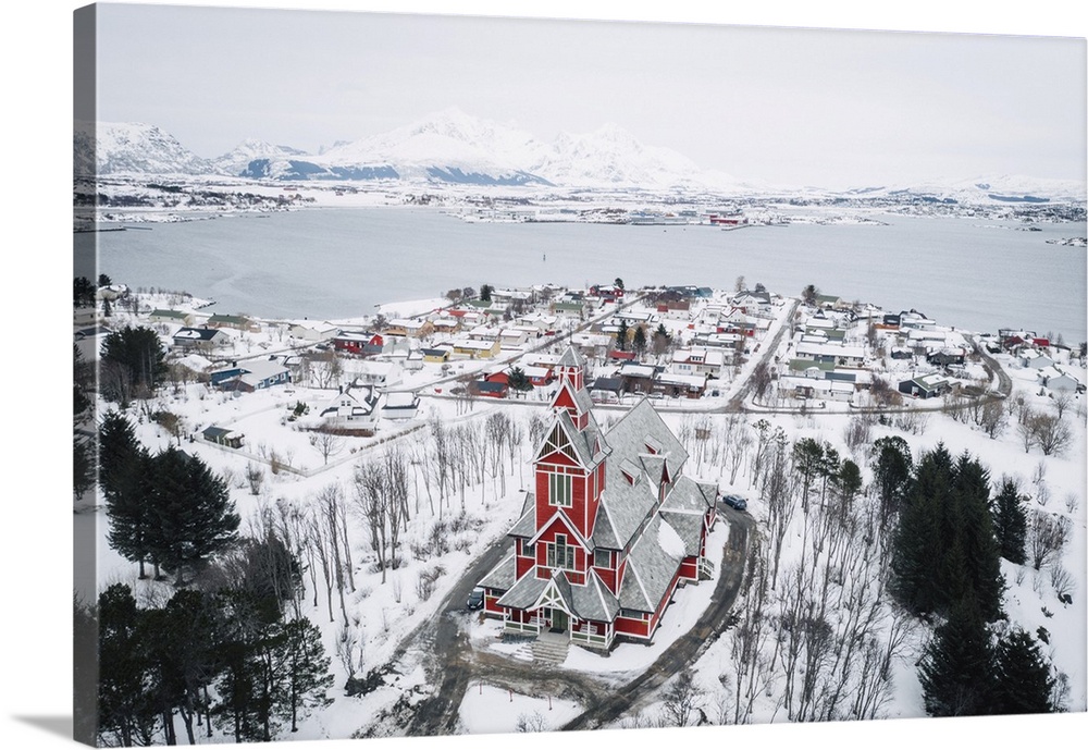 Elevated view of Leknes church, Leknes, Lofoten Islands, Nordland, Norway.