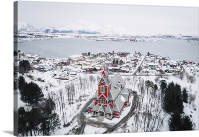 Elevated View Of Leknes Church, Leknes, Lofoten Islands, Nordland, Norway
