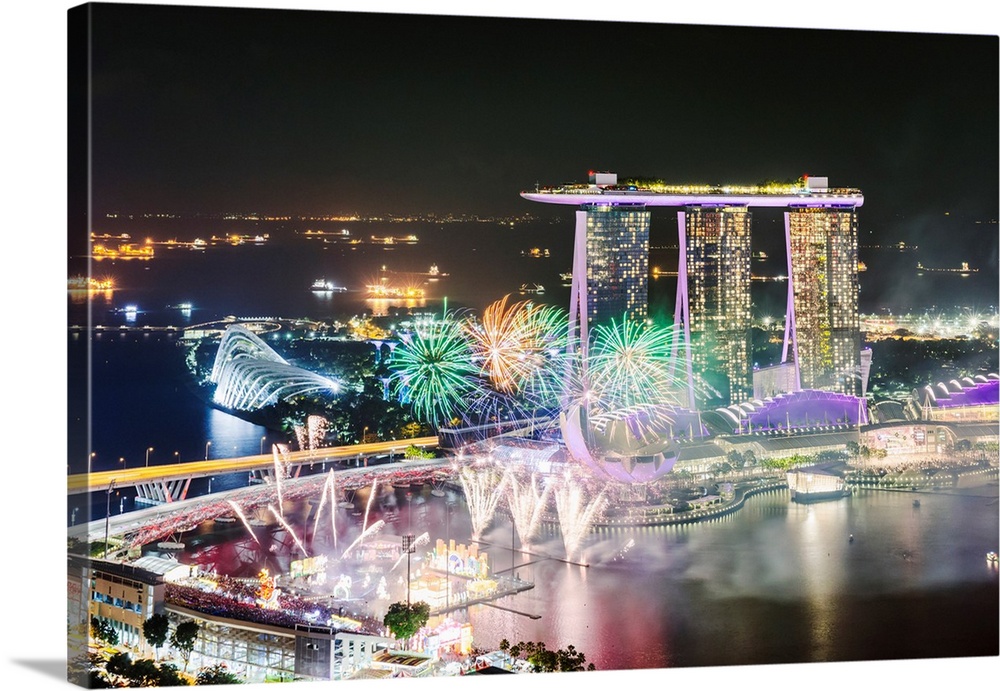 Elevated view of Marina Bay Sands at night during Chinese New Year celebrations, Singapore.
