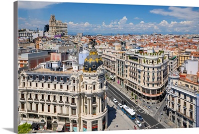 Elevated View Of Metropolis Building, Grand Via And Madrid, Madrid, Spain