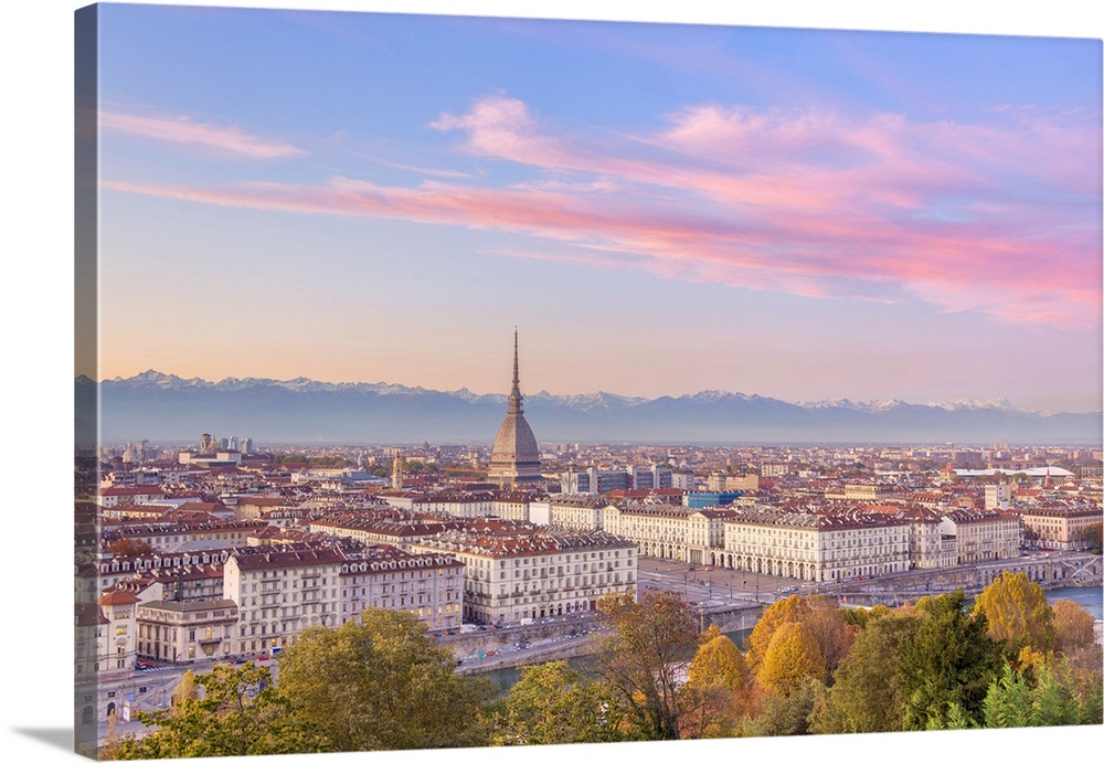 Elevated view of old town of Turin (Torino) at sunset. Piemonte region, Italy, Europe.