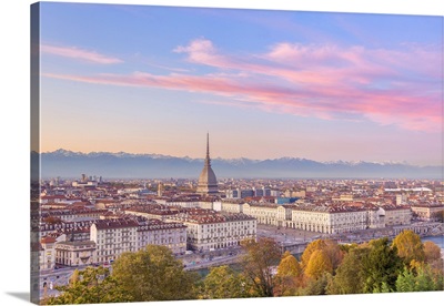 Elevated View Of Old Town Of Turin (Torino) At Sunset, Piemonte Region, Italy