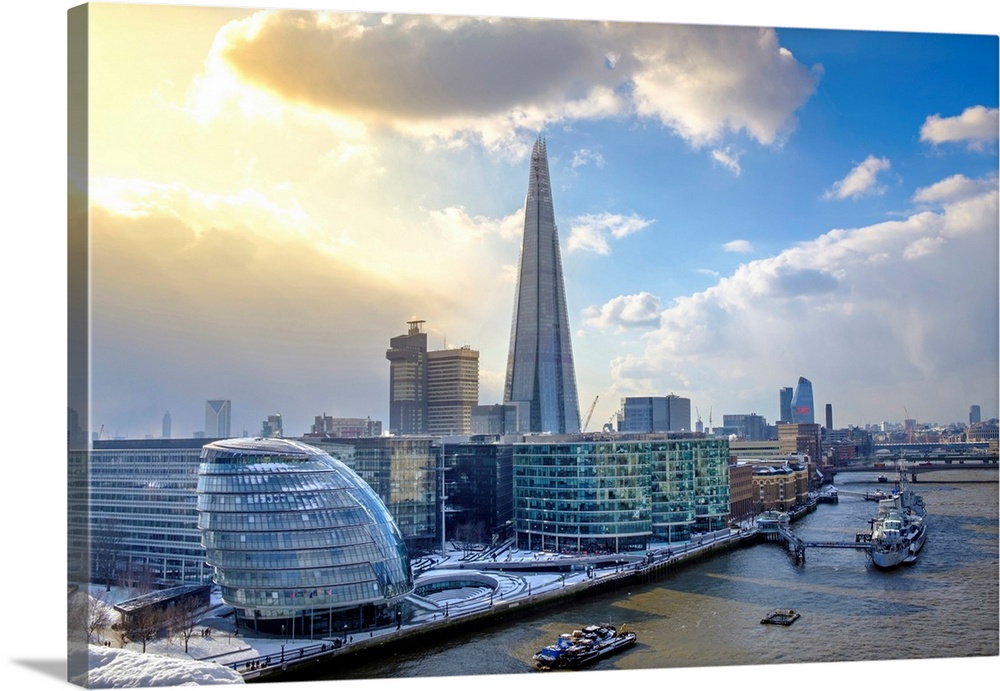 United Kingdom, England, London, Elevated View Of The Shard, City Hall And The Thames Path In The Snow