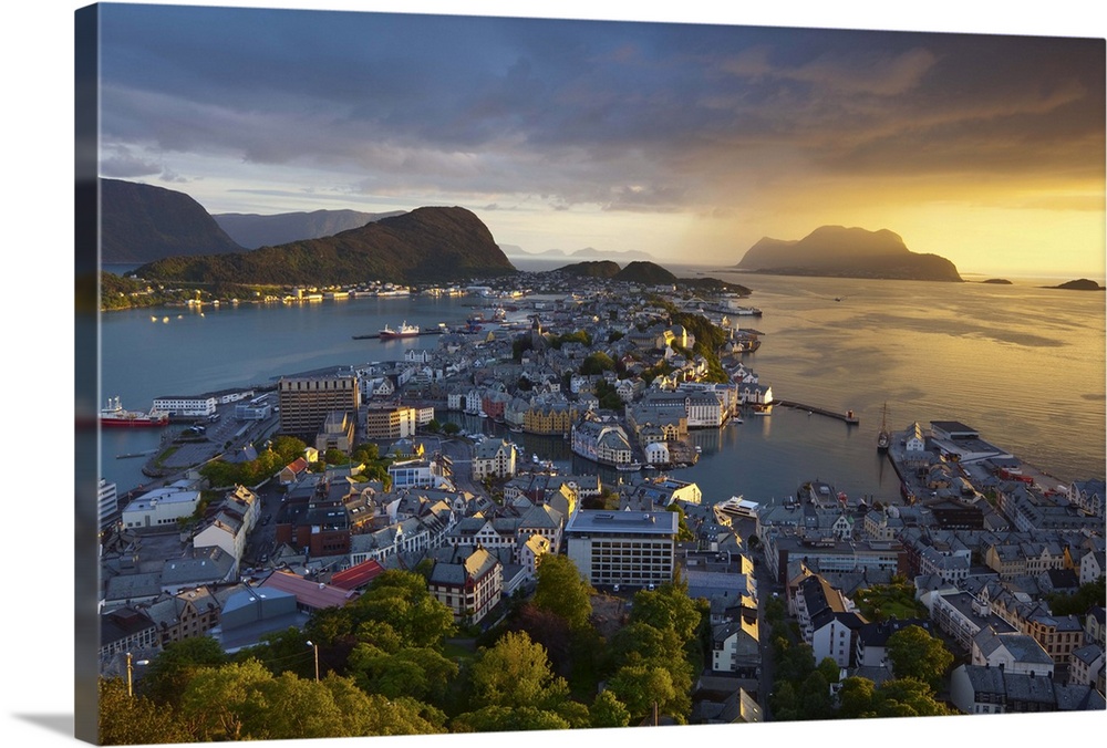 Elevated view over Alesund at sunset, Sunnmore, More og Romsdal, Norway