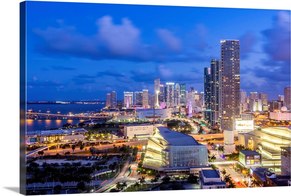 Elevated view over Biscayne Boulevard and the skyline of Miami, Florida, USA.