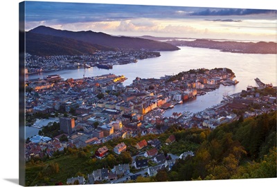 Elevated view over central Bergen illuminated at sunset, Hordaland, Norway