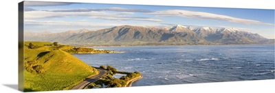 Elevated view over dramatic coastal landscape, Kaikoura, South Island, New Zealand