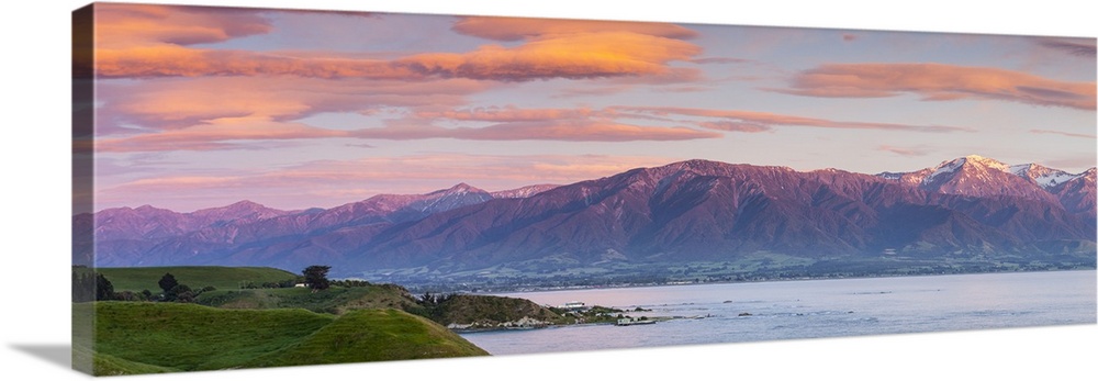Elevated view over dramatic landscape illuminated at sunrise, Kaikoura, South Island, New Zealand
