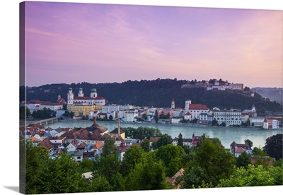 Elevated view over Old Town Passau and The River Danube illuminated at Dawn, Germany