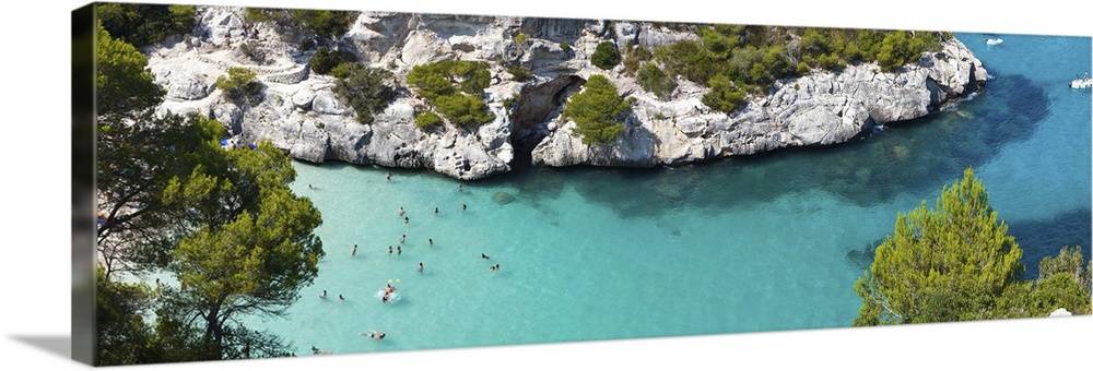 Elevated view over the idyllic bay/beach of Cala Macarelleta, Menorca, Baleric Islands, Spain