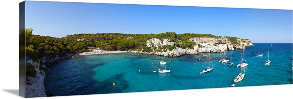 Elevated view over the idyllic bay/beach of Cala Macarelleta, Menorca, Baleric Islands, Spain