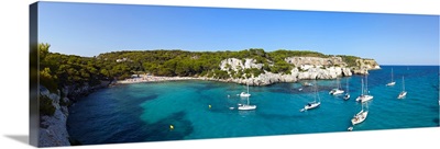 Elevated view over the idyllic bay of Cala Macarelleta, Menorca, Balearic Islands, Spain