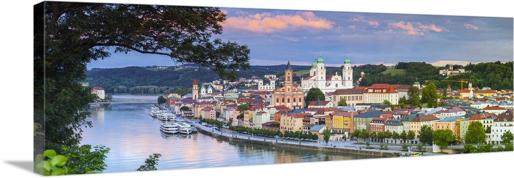 Elevated view towards the picturesque city of Passau at sunset, Passau, Lower Bavaria, Bavaria, Germany.