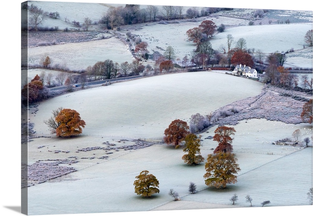 UK, England, Cumbria, Lake District, Keswick, frosty valley floor north of Keswick.