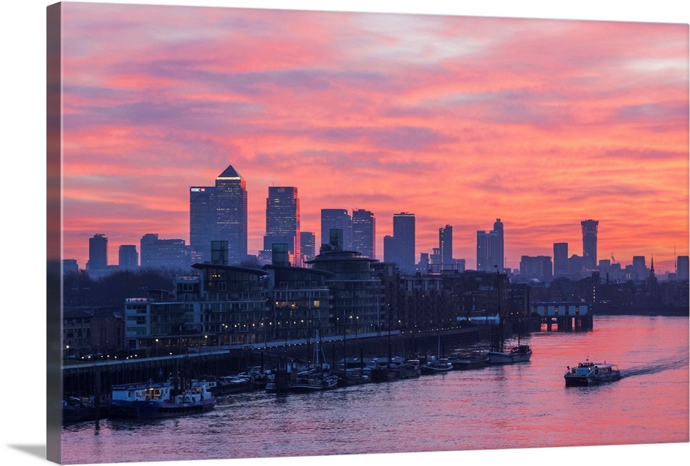 England, London, Sunrise Over Docklands and Canary Wharf.
