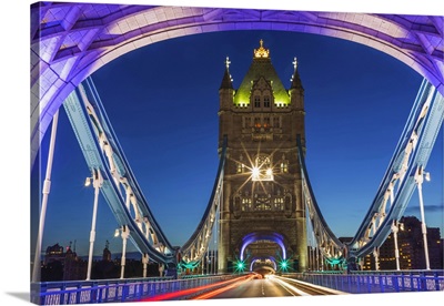 England, London, Tower Bridge With Empty Road At Night