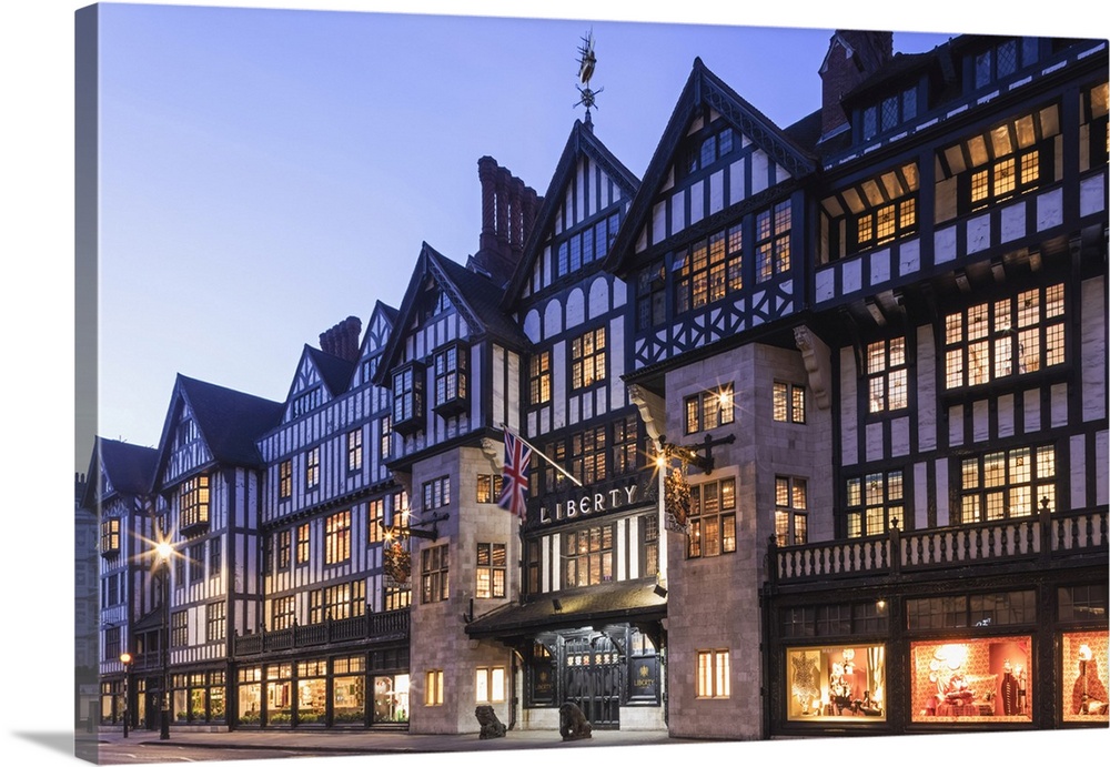 England, London, West End, Great Marlborough Street, Liberty's Department Store at Night