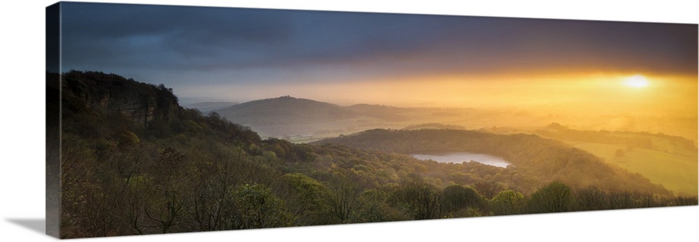 United Kingdom, England, North Yorkshire, Sutton Bank. The classic view of Lake Gormire from Whitestone Cliffs during a dr...
