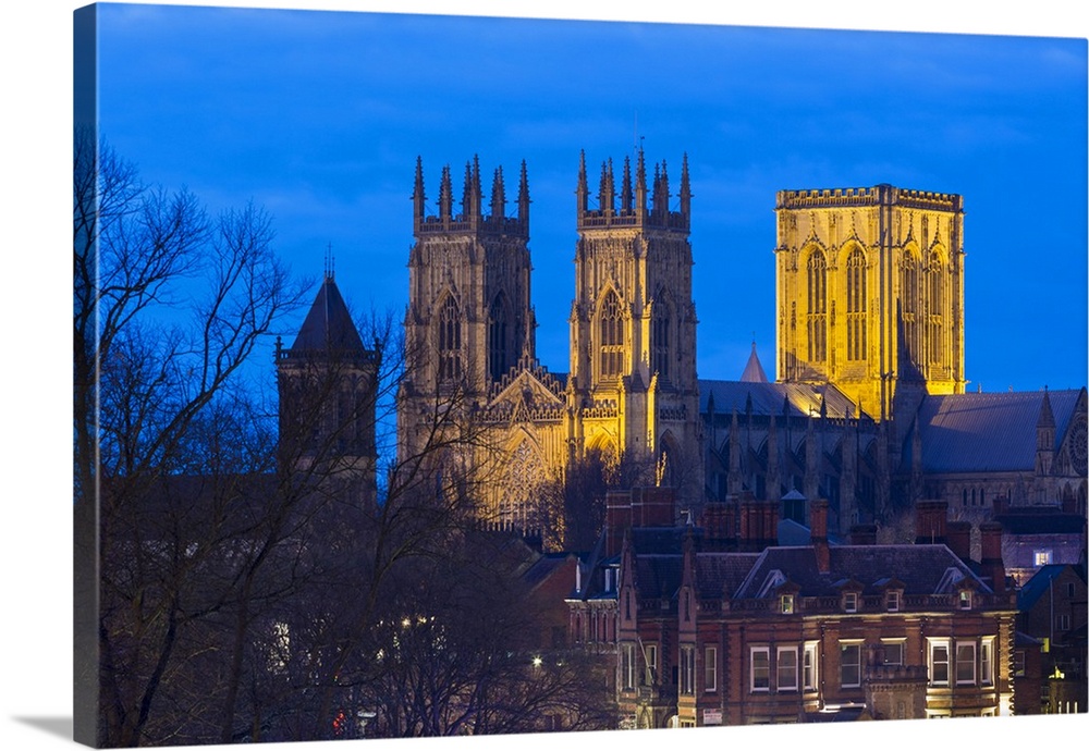 United Kingdom, England, North Yorkshire, York. The Minster seen from the City Walls at dusk.