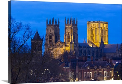 England, North Yorkshire, York. The Minster seen from the City Walls at dusk