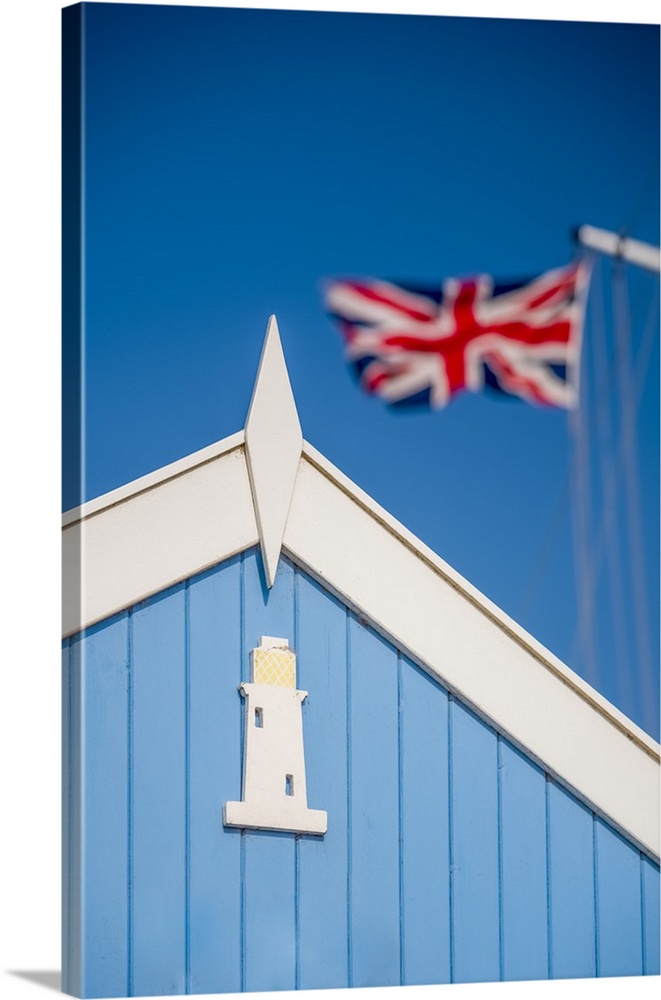 UK, England, Suffolk, Southwold, Promenade, Beach Hut and Union Flag.