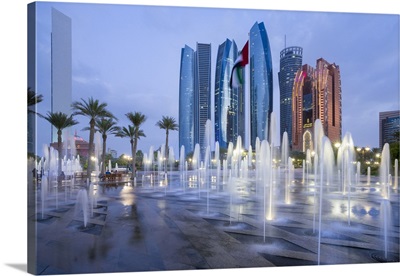 Etihad Towers time lapse viewed of the fountains of the Emirates Palace Hotel, Abu Dhabi