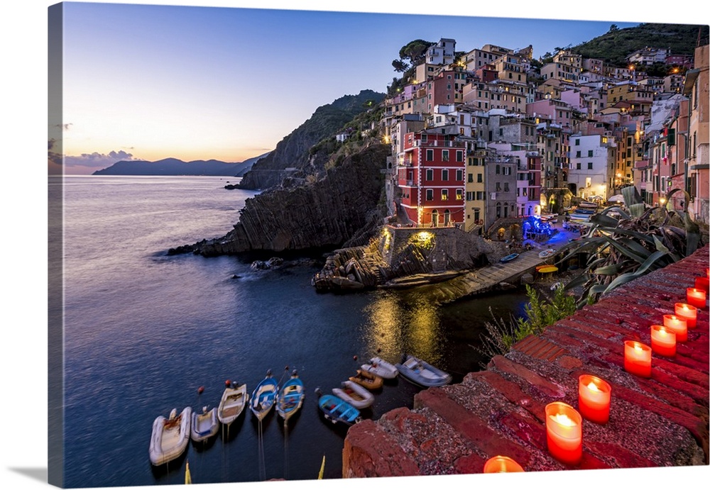 Europe, Italy, Cinque Terre. the little harbour of Riomaggiore at Sunset.
