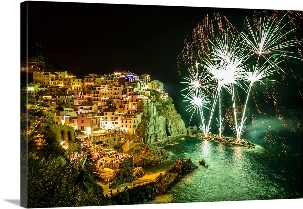 Europe, Italy, Liguria. Fireworks in Manarola for San Lorenzo.