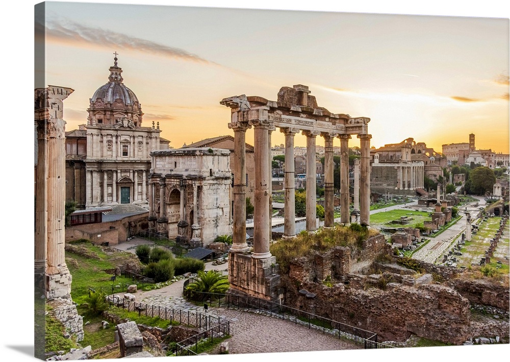 Europe, Italy, Rome. The Forum Romanum with the Saturn temple at dawn.