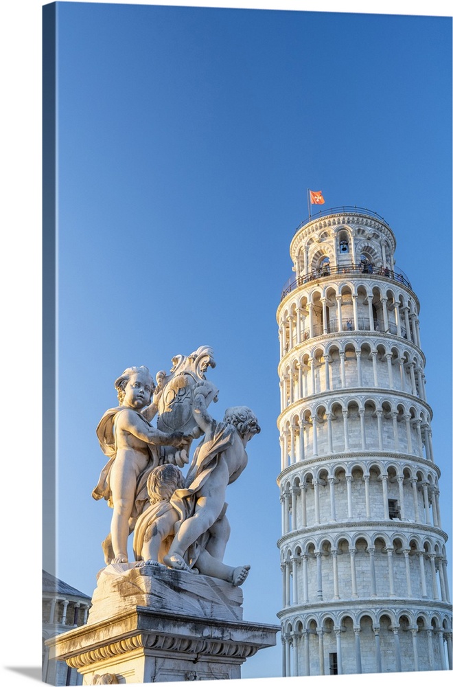 europe, Italy, Tuscany, Pisa. Piazza dei Miracoli with the leaning tower and the sculpture of angels.