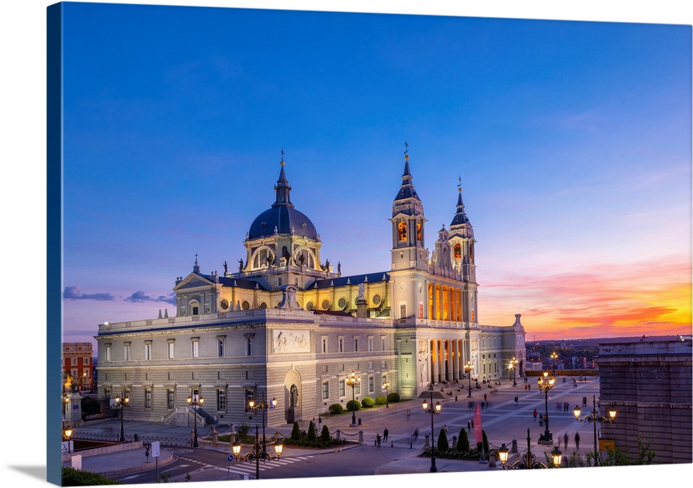 Exterior of Almudena Cathedral at Sunset, Madrid, Spain.