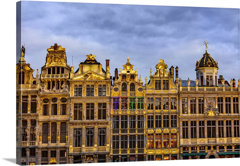 Facade of the typical houses in Brussels Grand Place by night, Belgium